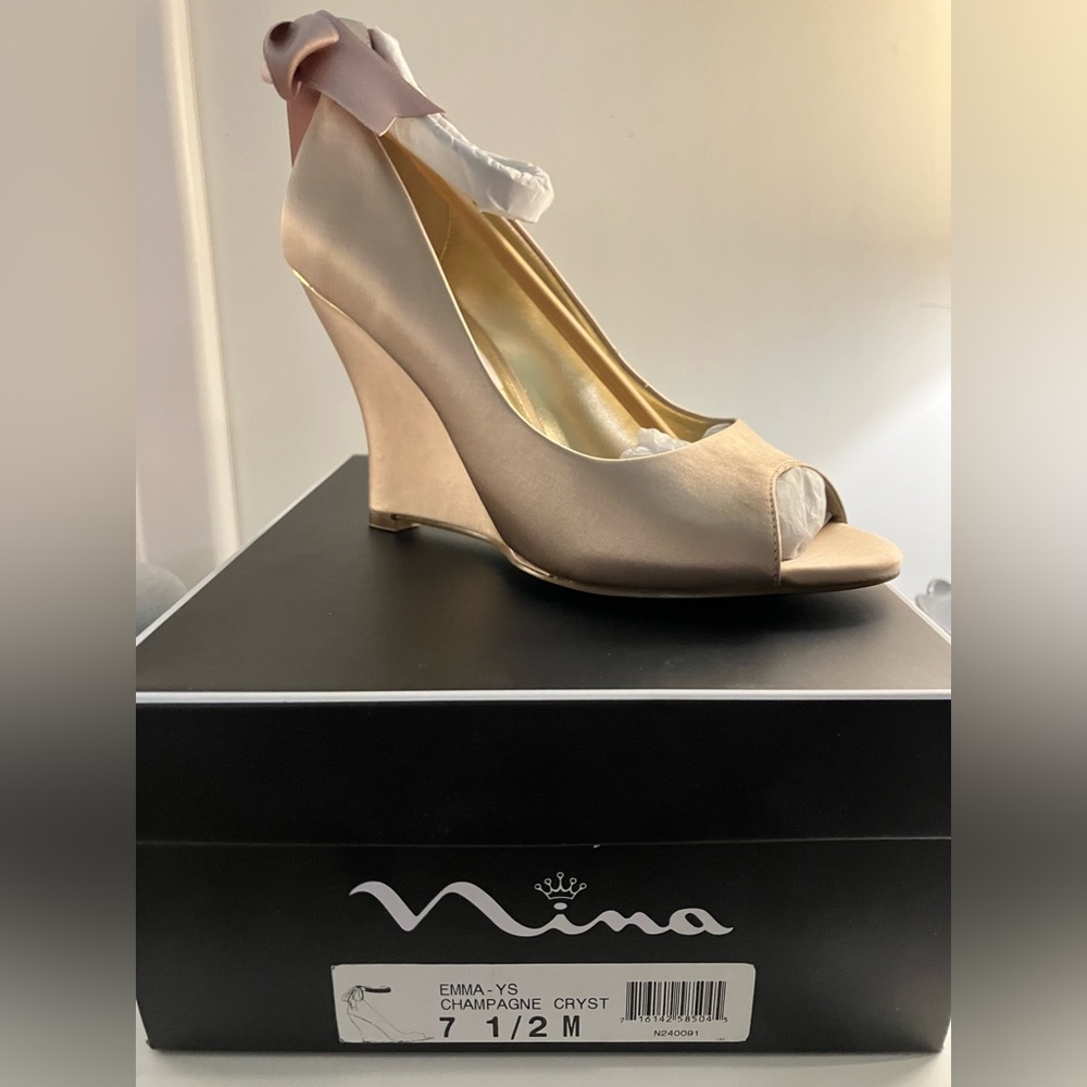 Emma Champagne Crystal Tie Wedges by Nina. NIB. Never worn or tried on.